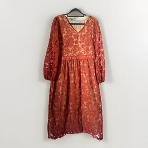 Polagram Dress Women’s Size Large Orange/Beige Lace Cottage Core/Boho